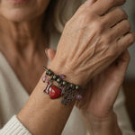 I Love Grandma Silver Tone Cuff Bangle Bracelet Red Heart Pink Beads Gift