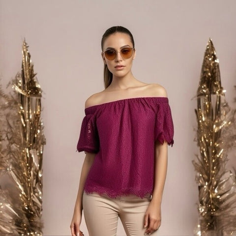 MIAMI Womens Off Shoulder Blouse S Wine Red Lace Floral Bow Short Sleeve Top NWT