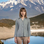 CHICO'S Cotton Button Shirt White Grey Stripe Long Sleeve Women Size 2 L VG