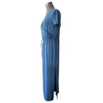 Sarin Mathews Women's Blue Cotton V-Neck Maxi Dress L Short Sleeve Beach NWT