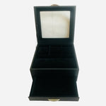 Black Leather 2-Layer Jewelry Display Box Clear Glass Lid 9"x9"x5" Organizer VG
