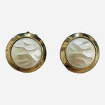 Vintage Gold White Button Clip-On Earrings 1" Ribbed Glass Metal Textured Good