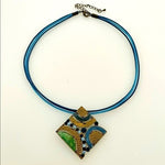 Square Enamel Crystal Pendant Necklace Multicolor Stripe Brass Tone Adjustable