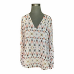White House Black Market Ivory Geometric Print Slit-Sleeve V-Neck Blouse Top