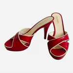 Prada Vitello Raspberry Beige Leather Platform Peep Toe High Heel Sandals Sz 36