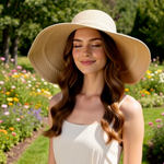 D&Y Wide Brim Floppy Straw Sun Hat Ivory Braided Trim Scalloped Brim G+
