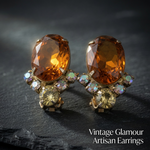 Vintage Amber Topaz Rhinestone AB Crystal Clip On Earrings Gold Tone Glam VG