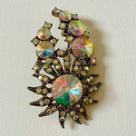 Vintage Rainbow Crystal Rhinestone Floral Brooch Gold Tone Pin 2.5" Jewelry VG