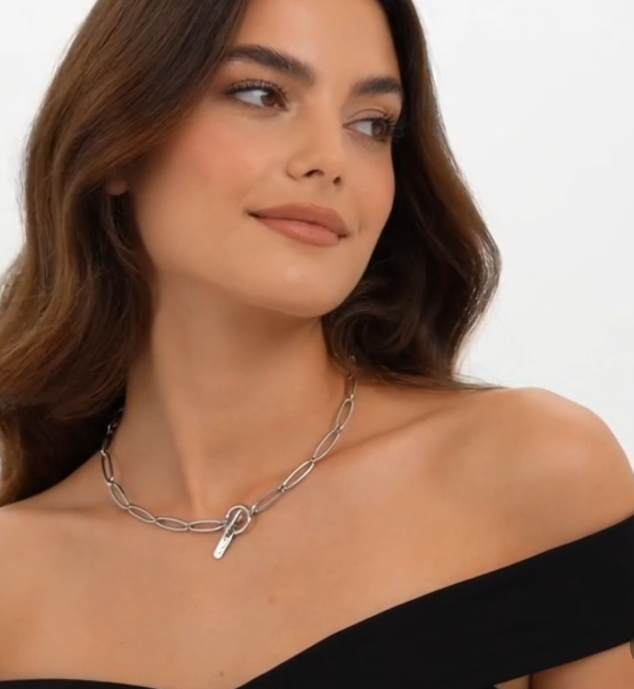 NY&Co Silver Tone Oval Link Chain Choker Necklace Pendant Clasp Costume Jewelry