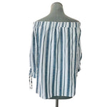 Velvet Torch Women's Off Shoulder Striped Top M Blue White Cotton Knot Sleeve VG