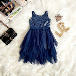 Zunie Navy Blue Sequin Top Ruffle Tulle Skirt Dress Bow Front Girls Size 8 NWT