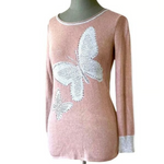 Embellished Butterfly Wool Crewneck Sweater Women’s Brown Gray Long Sleeve Sz S