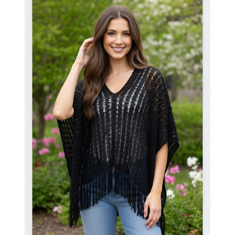 NWT Vintage Nordstrom Black Floral Knit Poncho Cape Fringe One Size Birdie NWT