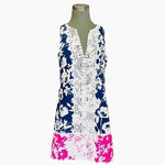 Eliza J Women's Navy Pink Lace Trim Midi Dress 6 A-Line Cotton Floral $138 EXC