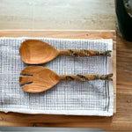 Set 2 Hand-Carved Zebra Wood Salad Serving Hands 11" Twisted Handle Tongs Set