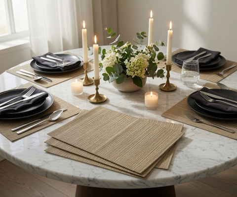 Set of 4 Woven Vinyl Stripe Placemats 18x13 Neutral Tan Beige Heat Resistant EXC