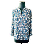 Daniel Rainn Paisley Chiffon Blouse White Blue V Neck Adjustable Sleeves Size M