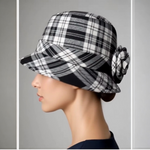 Tartan Traditions Plaid Bucket Hat Black White Flower Detail Women S/M NWT