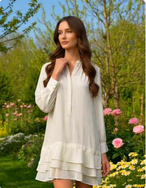 Banana Republic Ivory Tiered Ruffle Hem Tunic Dress Long Sleeve Button Size 4 VG