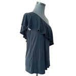 GREEN ENVELOPE Womens Top M Charcoal Gray One Shoulder Ruffle Blouse Loose Fit