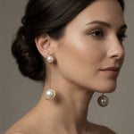 Vintage Gold Tone Double Faux Pearl Dangle Drop Stud Earrings Pendulum Chain VG