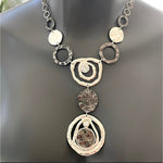Vintage Silver Hammered Medallion Crystal 'Y' Open Circle Statement Necklace 21”