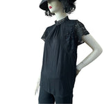 Cable & Gauge Women's Black Lace Short Sleeve Funnel Neck Blouse L Crochet G+