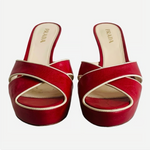 Prada Vitello Raspberry Beige Leather Platform Peep Toe High Heel Sandals Sz 36