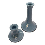 Vintage Handpainted Clay Candlesticks Martlet Pattern Blue White Set 2 6.5" 3"