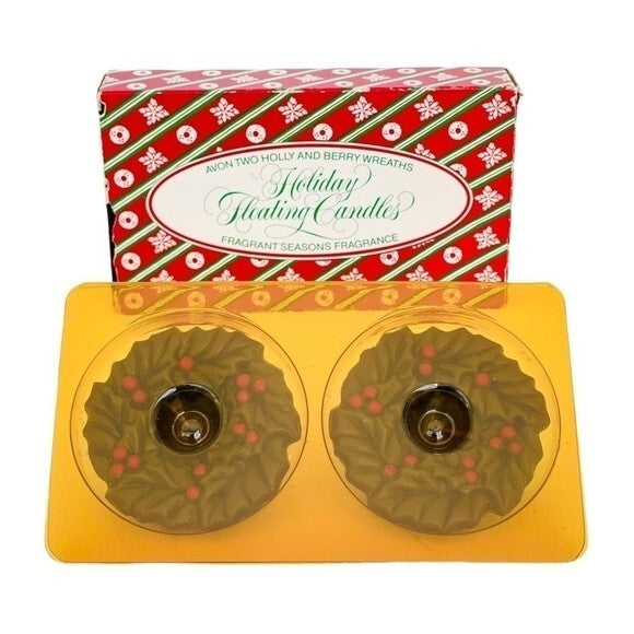 Vintage Avon Holly Berry Wreath Floating Candles Set of 2 Christmas NIB