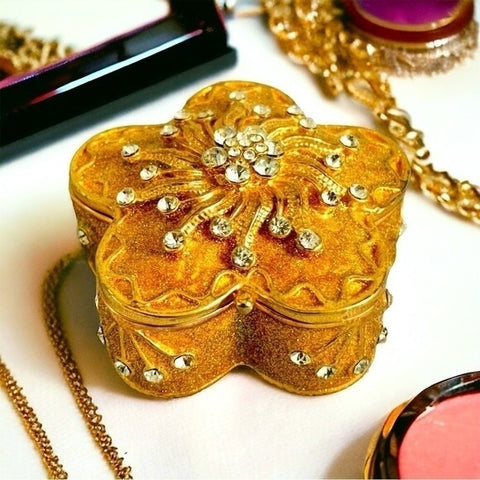 Crystal Flower Trinket Box 2" Gold Metal Jewelry Ring Holder Magnet Closure VG