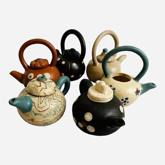 Lot 6 Vintage Chinese Yixing Ceramic Mini Teapots 1.5" Collectible Set Unique