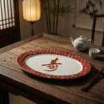 Chinese Calligraphy Shou Oval Serving Platter Red White Porcelain 14x9.5" EXC