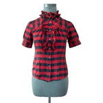Twenty One Red Black Buffalo Plaid Ruffle Blouse S Silk High Neck Button Up EXC