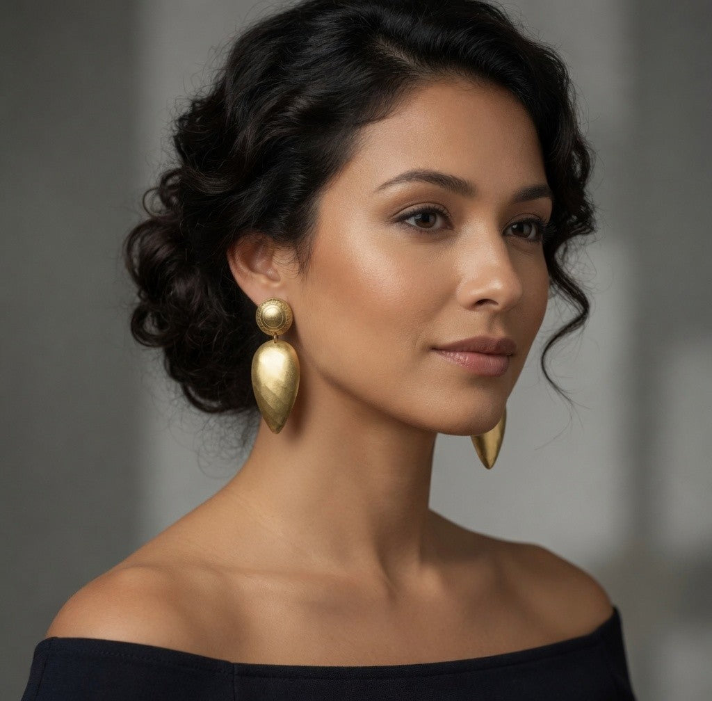 Large Matte Gold Textured Teardrop Drop Stud Earrings Retro Designer Style VG