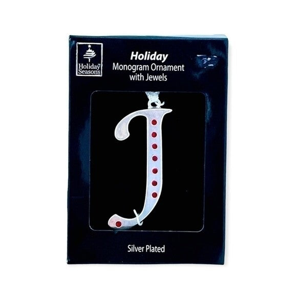 Silver Plated Monogram Letter J Ornament Jeweled Holiday Christmas Decor 3" NIB