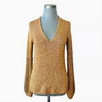 WHITE+WARREN Women's Gold Metallic Lurex Sweater Size M V-Neck Ribbed Pullover