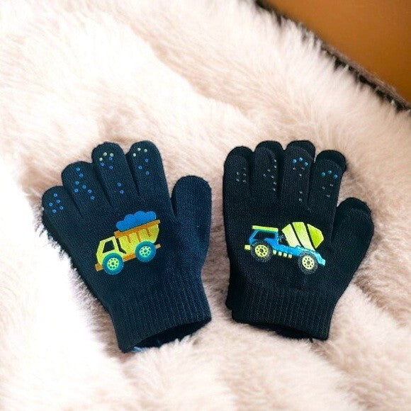 N'ice Caps Boys Magic Stretch Gloves 2-Pack Black Blue Truck Design One Size NWT