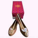 TORY BURCH Benton 2 Travel Leather Ballet Flats Royal Tan Gold Size 5.5 NIB