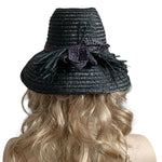 Vintage Black Purple Bow Wide Brim Sun Hat Woven Pleated Straw Beach Hat VG