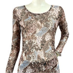 ROSSO PICANTE Womens Top S Brown Grey Animal Print Sheer Stretch Crewneck Blouse