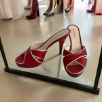 Prada Vitello Raspberry Beige Leather Platform Peep Toe High Heel Sandals Sz 36