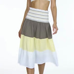 Banana Split Womens Color Block Tiered Midi Skirt Grey Yellow White Cotton M NWT