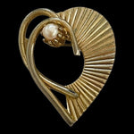 Vintage 1960s Heart Brooch 1.5" Gold Tone Pearl Accent Pin Textured Good