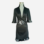 Intuition Black Ruffled Blazer Skirt Suit Belted Rhinestone Trim Size 10