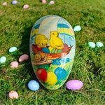 Vintage Large Paper Mache Easter Egg Candy Container West Germany Chickens Boat