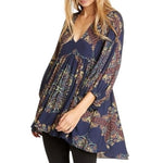 FREE PEOPLE Girl Talk Tunic XS Blue Paisley V Neck Balloon Sleeve Boho VG