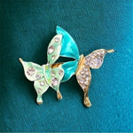 Vintage Blue Green Crystal Butterflies Brooch 2"x1.25" Gold Tone Pin Excellent