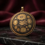 Vintage Spanish Toledo Damascene Gold Black Round Pendant Bird Floral 1.5" EXC