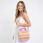 Girl's Boho Crochet Striped Small Crossbody Purse Pink Summer Beach Bag 8x9"